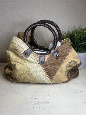 FOSSIL Patchwork Canvas Fabric Handbag Shoulder Leather Handle Boho Chic